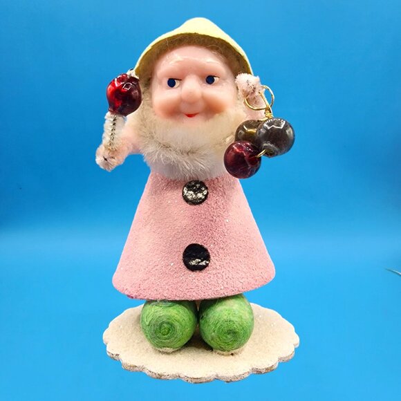 Vintage 1950s Putz Elf Ornament Japan • Pink Mica Glitter Coat • Green Flocked H - Picture 2 of 8